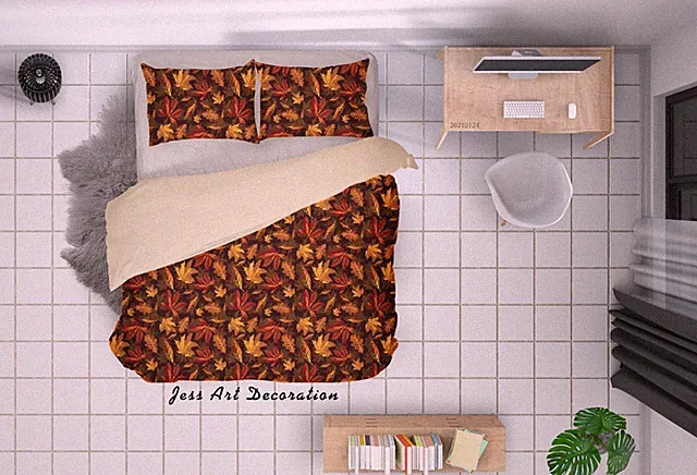3D Autumn Leaves Pattern Red Quilt Cover Set Bedding Sets Pillowcases 64