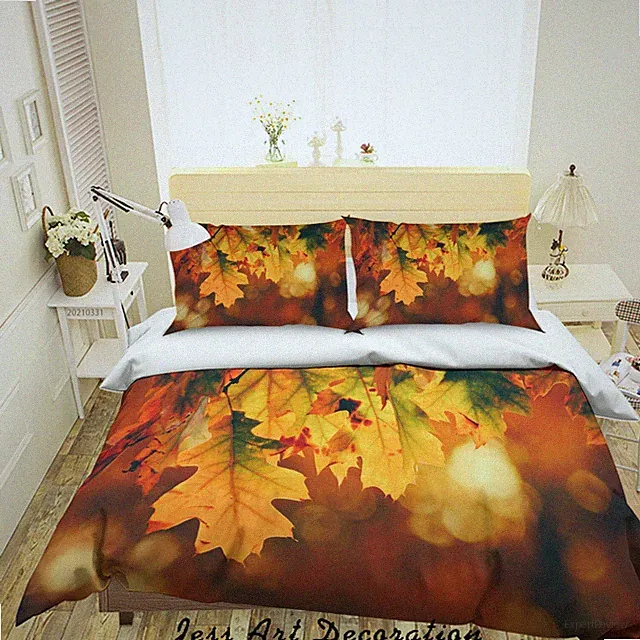 3D Autumn Leaves Plant Quilt Cover Set Bedding Sets Pillowcases Queen