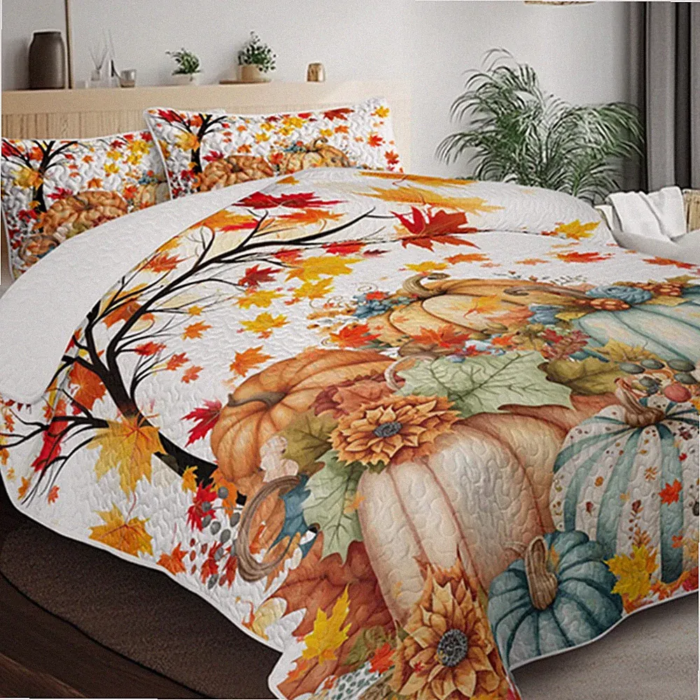 3PCS Fall Pumpkin Autumn Leaves Bedding Set BlessLiving Thanksgiving Quilt Set