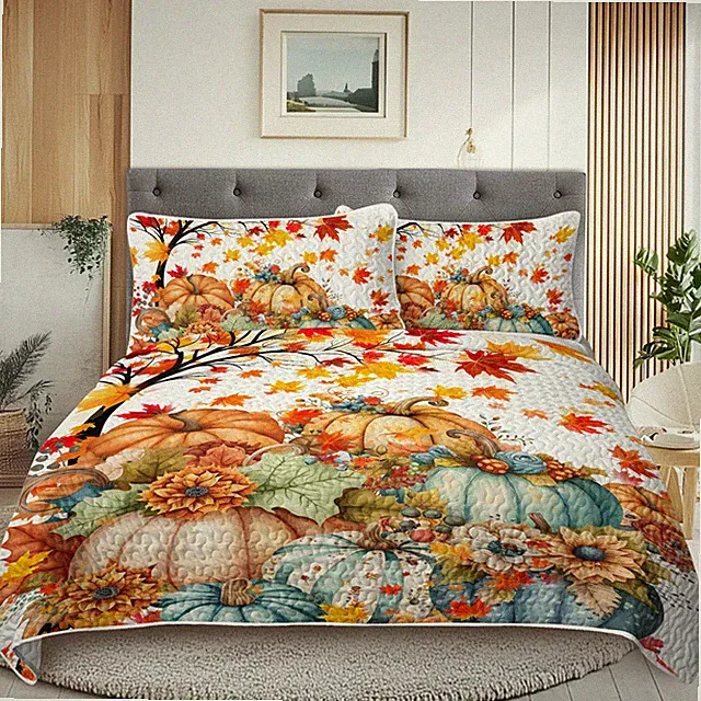 3PCS Quilt Set BlessLiving Pumpkin Autumn Leaves Bed Set Thanksgiving All Season