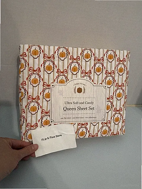 4pc Orange Fall Pumpkin Auburn Ribbon Queen Fall Bed Sheet Set - Simply Harvest