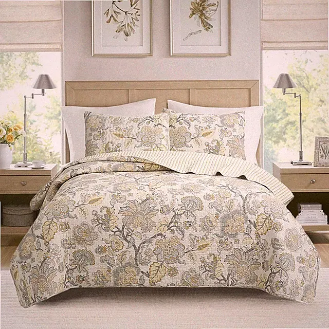 Autumn Floral Foliage Brown Gold 100%Cotton Quilt Set, Bedspread, Coverlet