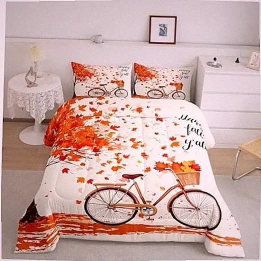 Autumn Maple Leaves Bedding Set Size, Rustic Farmhouse Bicycle King Fall 05