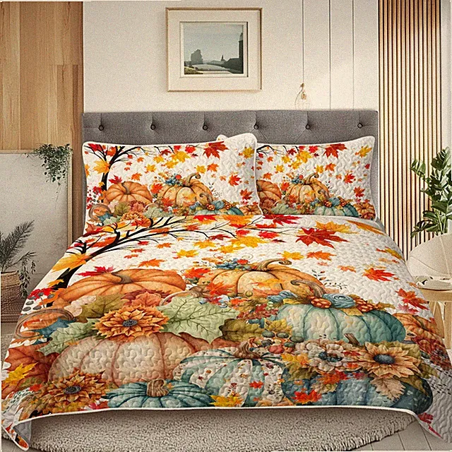 Autumn Theme 3 Pcs Quilt Set - Pumpkin Print Bedspread Coverlet