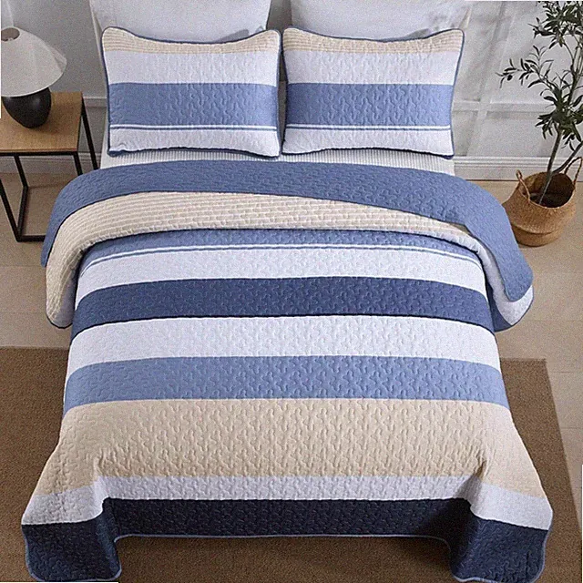 Blue Boho Quilt Set Queen Size, Fall Striped Bedspread Lightweight Farmhouse...