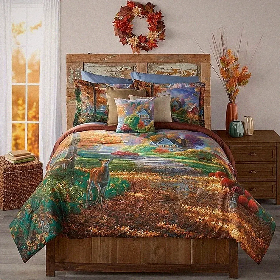 F/Q Fall Memories Red Barn Comforter Set King Field Leaves Deer Pumpkin Bedding