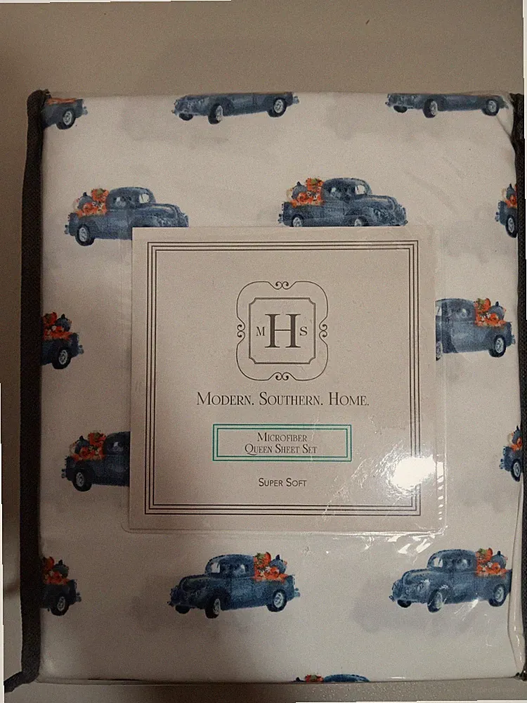 Fall Autumn Blue Truck & Pumpkins Queen 4 Pc Sheets Modern Southern Home Set