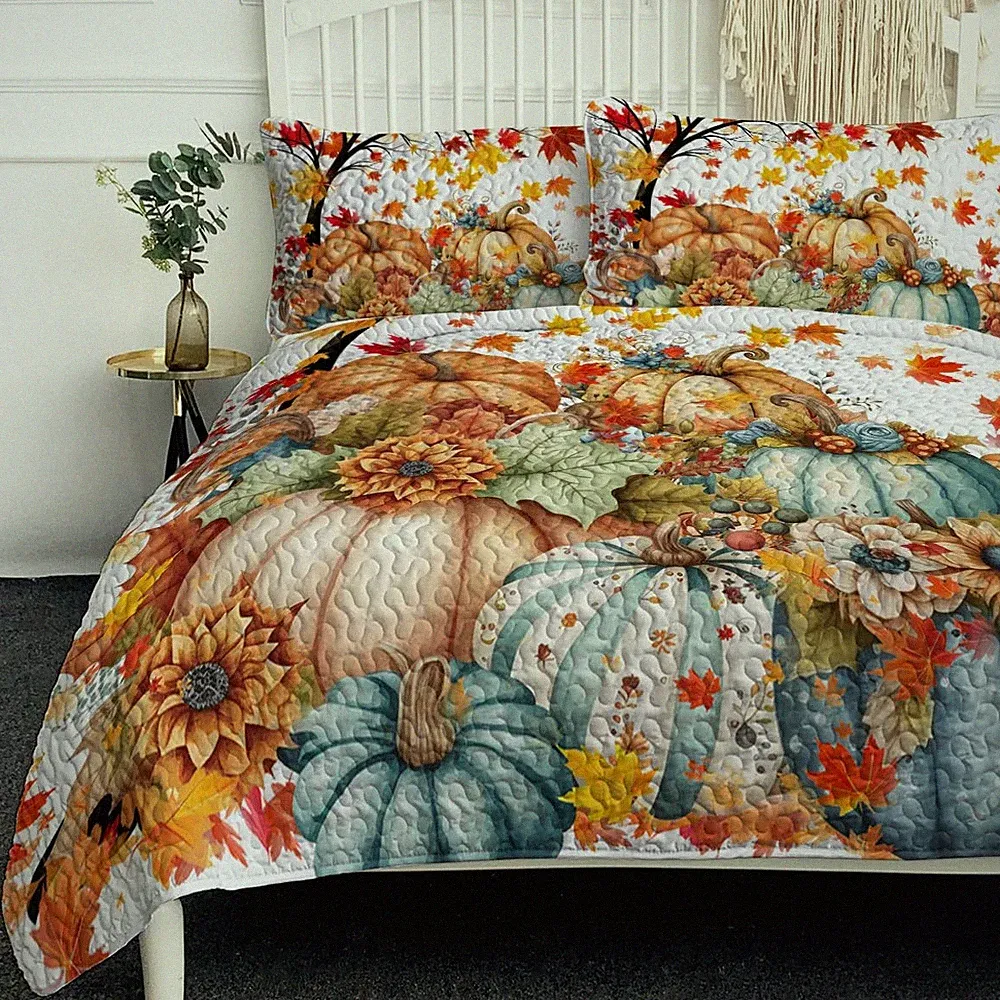 Fall Bedding Queen Quilt: Soft Lightweight Autumn Comforter Set - Pumpkin Bed...