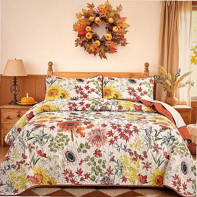 Fall Floral Quilt Set King Size, Orange Red Sunflower Botanical Bedspread Beddin