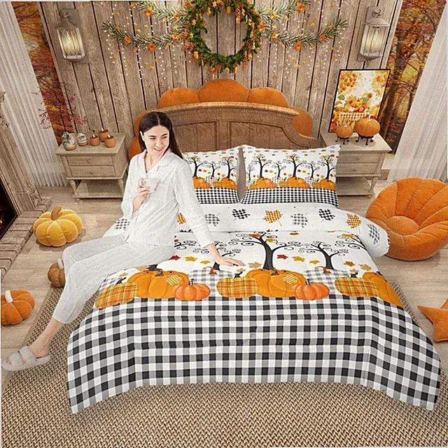 Fall Pumpkin Harvest Comforter Set Queen Size,Kids Adults Bedroom/Country Cot...