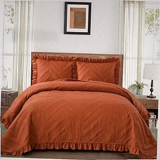Fall Quilt Bedding Set Ruffled Bedspread Coverlet Basket Queen Burnt Orange
