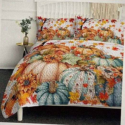 Fall Size Quilt Set: Soft Lightweight Colorful Pumpkin King Pumpkin Flower