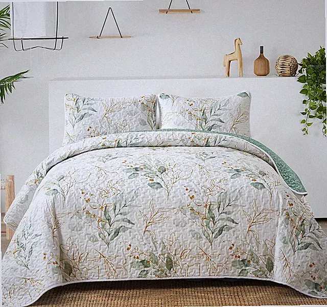 Floral Quilt Queen Size,Green Botanical Queen Quilt 3 Pieces,Reversible Soft Bed