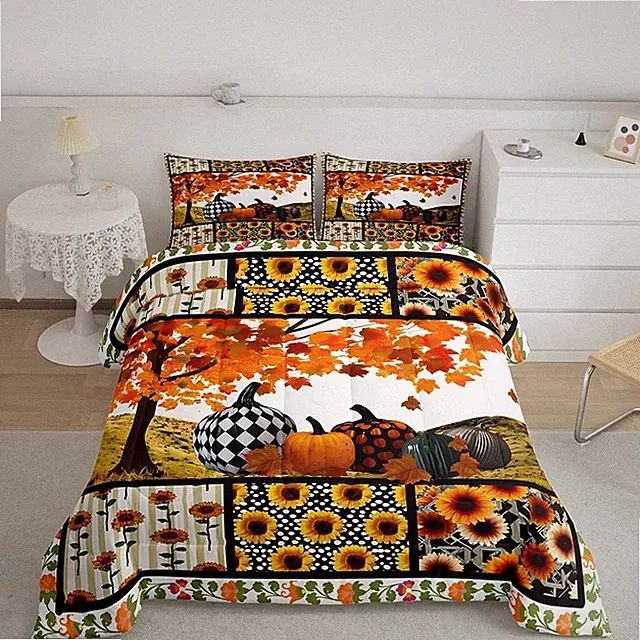 Halloween Bedding Set Fall Pumpkin Sunflower Comforter Set Boys Girls Geometric