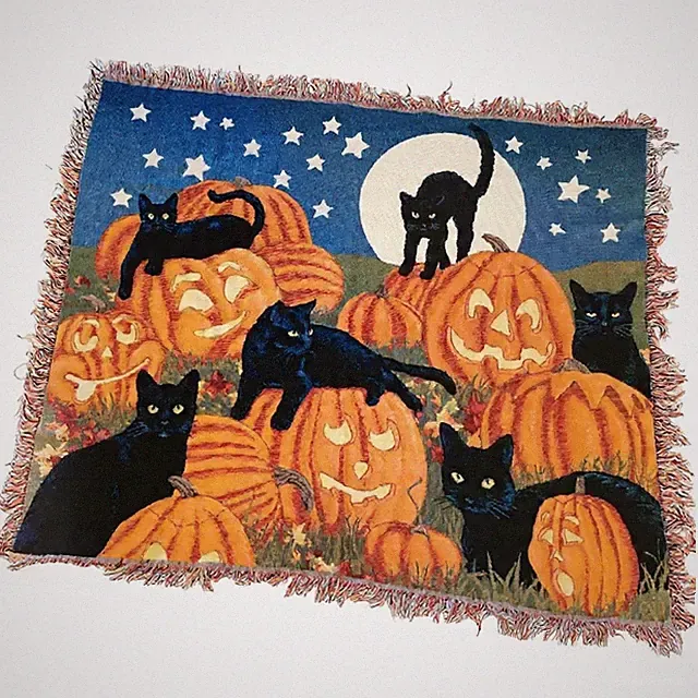 Halloween Black Cat Pumpkin Tapestry Autumn Fall Decor Blanket Throw 58"x50"