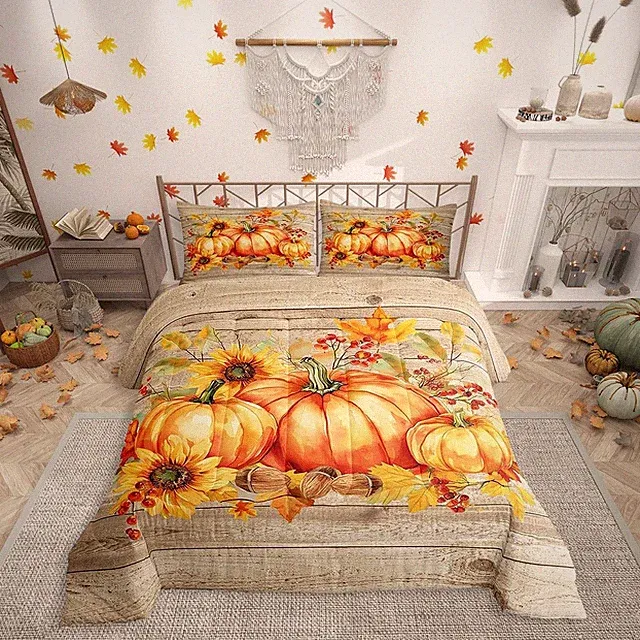 Happy Thanksgiving Fall Harvest Comforter Set Farm Leaves With Pumpkin Quilt...