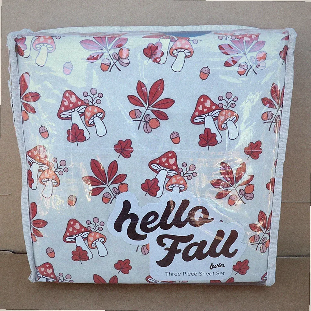 Hello Fall Three Piece Twin Sheet Set Mushrooms