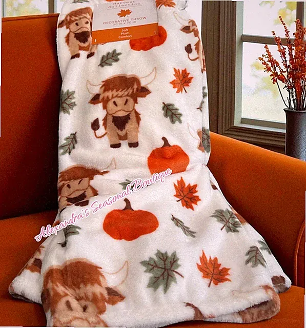 Highland Cow Harvest Fall Throw Blanket 50“x70”Farmhouse Pumpkins, Leaves New