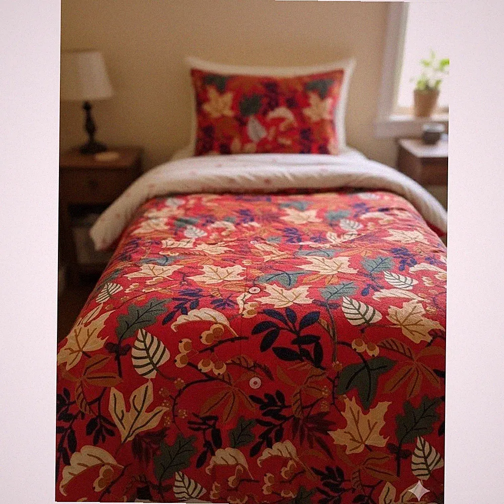 L.L. Bean Flannel Twin Duvet Cover Standard Sham Set Red Fall Leaf Cotton