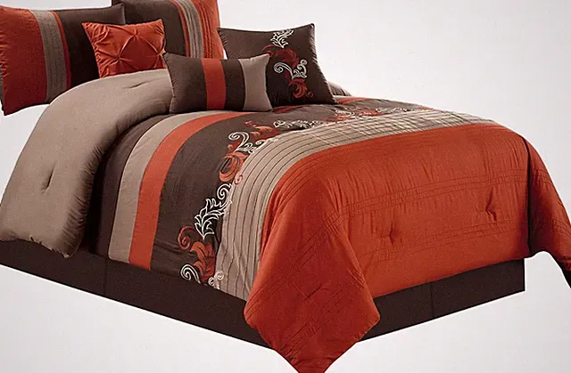 Luxury Autumn Leaves 7-Piece Comforter Set - Queen, Rust Orange/Brown/Taupe