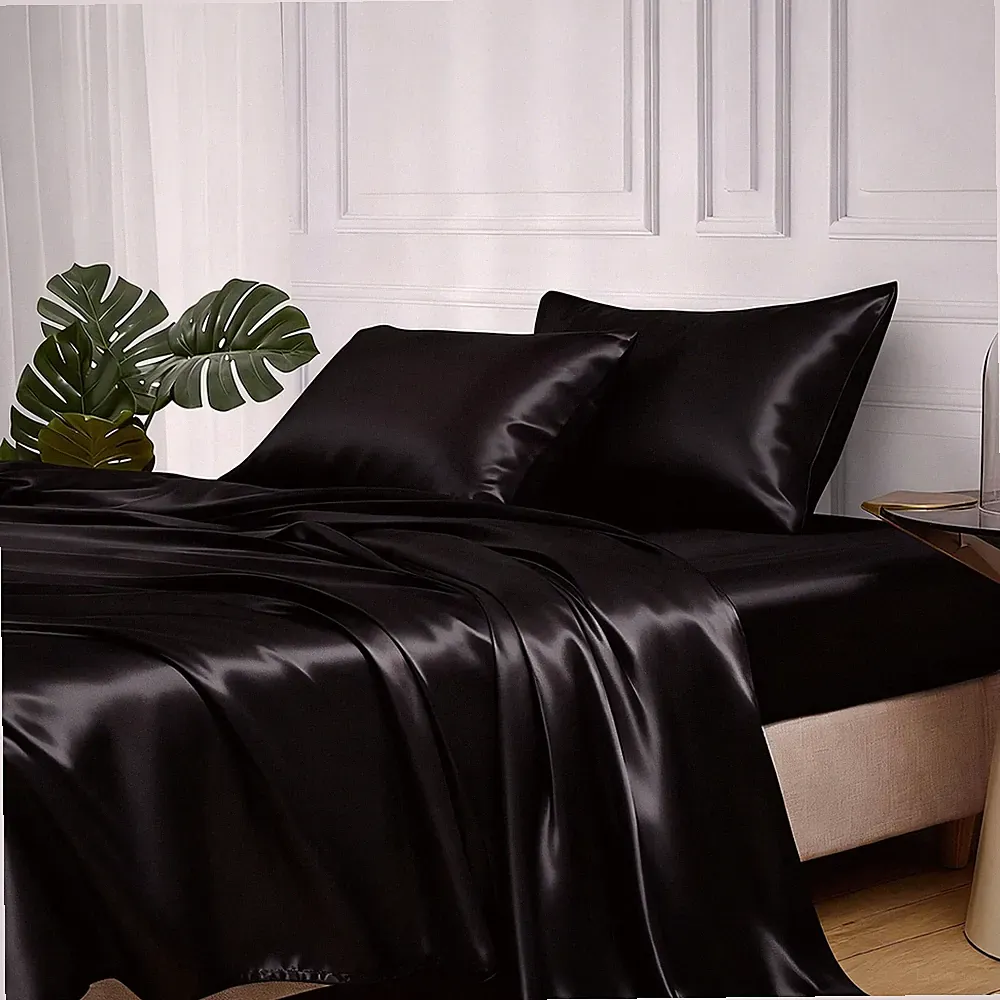 MR&HM Satin Bed Sheets, Queen Size Sheets Set, 4 Pcs Silky Bedding Set with E...
