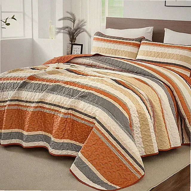 Orange Queen Quilt, Striped Quilts Bedspread Set with Shams, Halloween Fall Cove