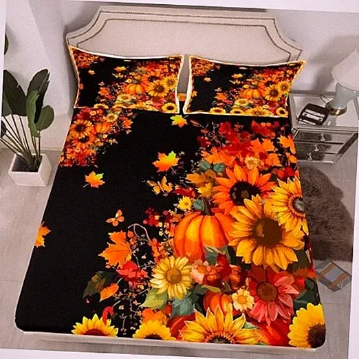 Pumpkin Bed Sheet Set Fall Sunflowers Butterfly Fitted Sheet Queen Multi 12