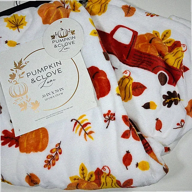 Pumpkin & Clove Lane Fall Autumn Throw Blanket 50"x70” Plaid Truck Pumpkins NEW