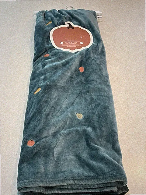 Pumpkin Patch Lane Halloween Fall Blanket Teal Embroidered Pumpkins 50x70” New