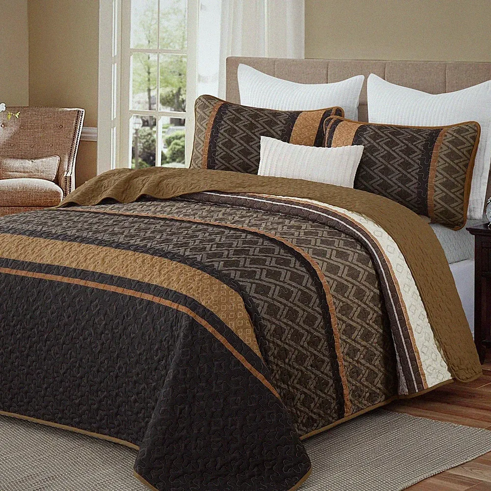 Queen Quilt Set Brown,Striped Bedspread Queen Size, Fall Bedding Sets 3 Piece...