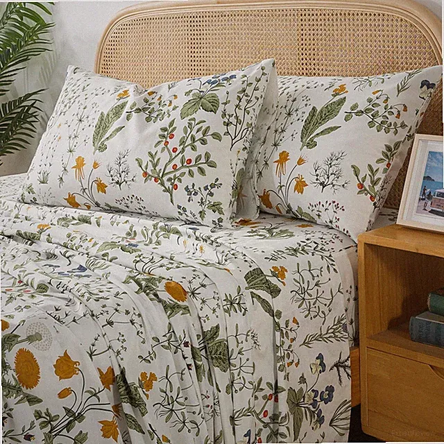 Queen Sheet Set - 100% Cotton Floral Print, Deep Pocket, 4 Pieces