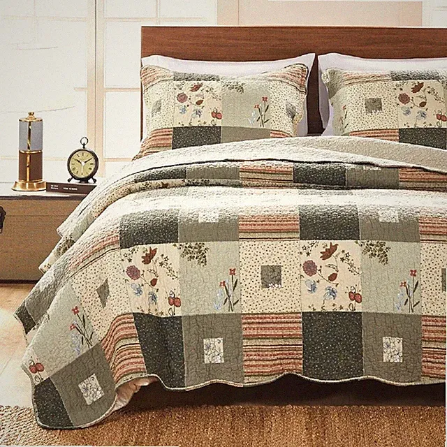 Quilt Set King Patchwork Brown Earth Tone Fall Colors Stripe Cotton Pillow Shams