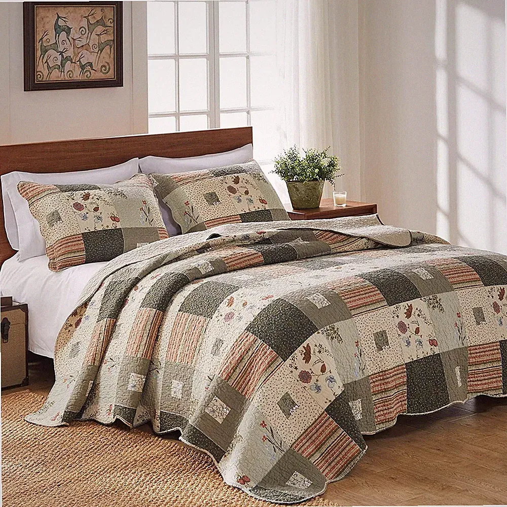 Quilt Set Queen Brown Earth Tone Fall Colors Patchwork Reversible Cotton Bedding