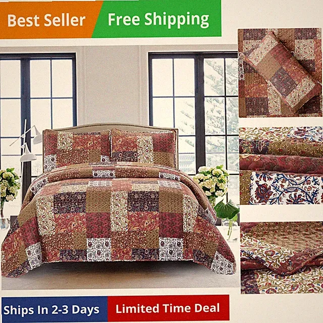Red Riches 3-Piece Quilt Set - Queen Size with 2 Shams, Autumn Patchwork Desi...