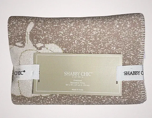 Shabby Chic Throw Blanket Fall Pumpkins Beige Gold Stitching Oversized 50" X 70"