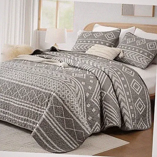 Size Quilt Boho Stripe Fall Bedspreads Bedding Set, Aztec Bohemian Queen Grey