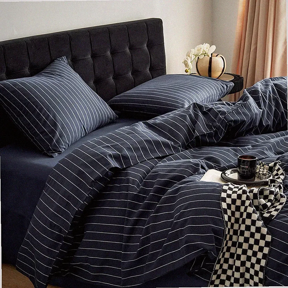 Striped Cotton Duvet Cover Set, Ticking Stripe Vertical Pinstripe Farmhouse, 1