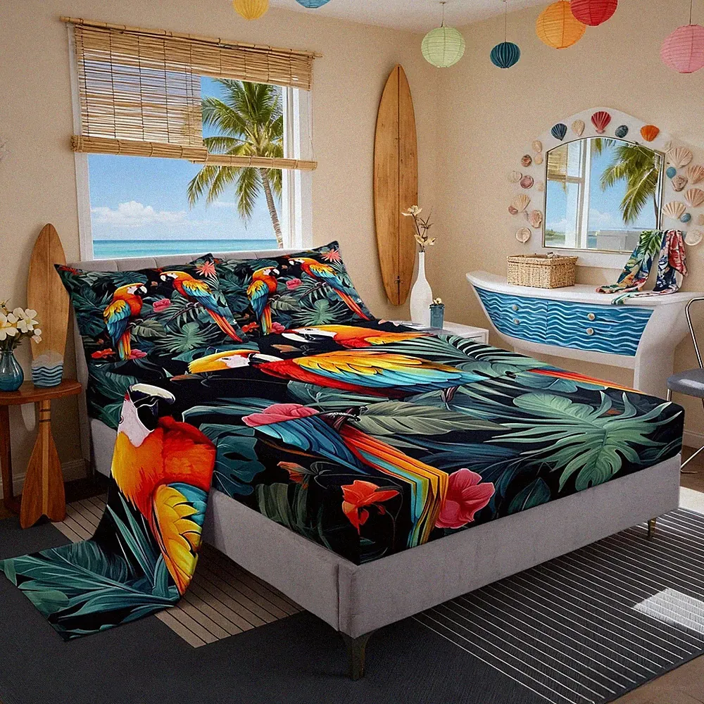 Tropical Birds Bed Queen Set,Jungle Parrot Bird Wild Animal Sheets Sets Bedro...