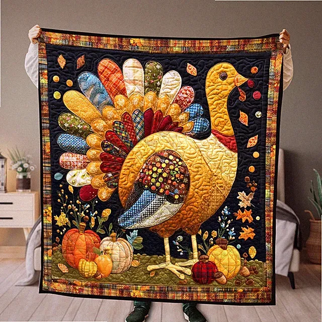 Turkey Pumpkin Quilt Blanket Fall Harvest Thanksgiving Throw Autumn Bedspread Gi