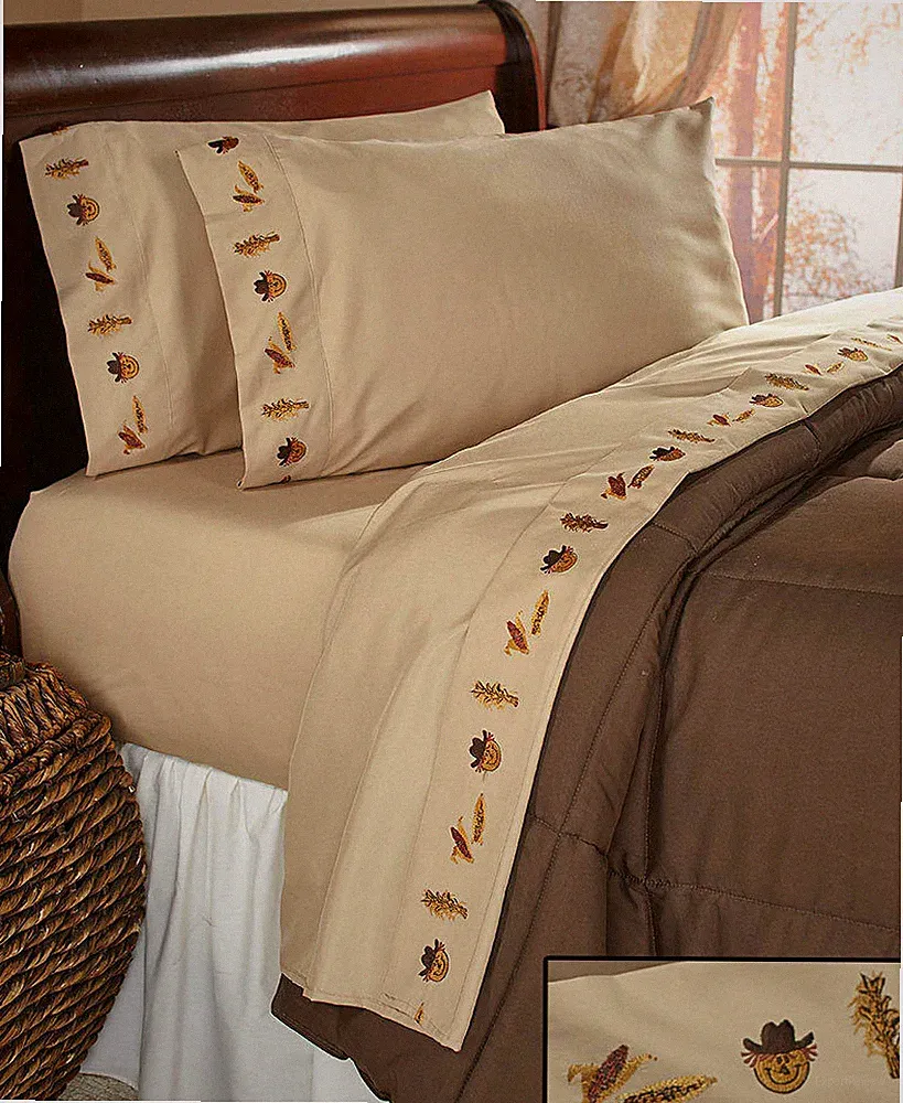 Twin Full Harvest Embroidered Sheet Sets Scarecrow Leaves Fall Bedding Decor